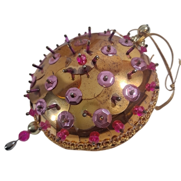 Vintage Beaded Push Pin Christmas Ornament Gold Pink Sequins Retro MCM - Picture 6 of 9